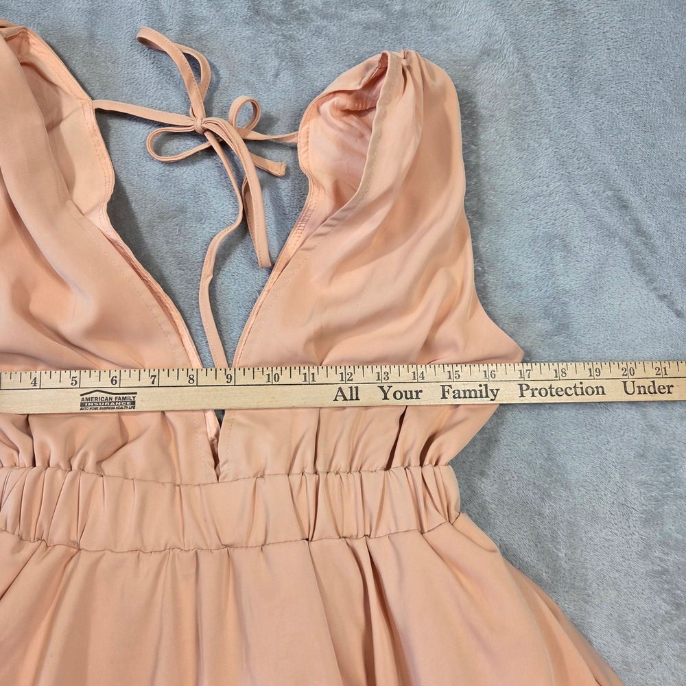 SHEINBAE Peach V-Neck Bubble Hem Mini Dress Sleeveless Tie Back Size S Party - Picture 2 of 6